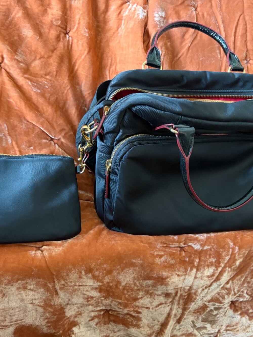 MZ WALLACE Nylon pleated leather Handle Bag Black and red - Picture 5 of 5